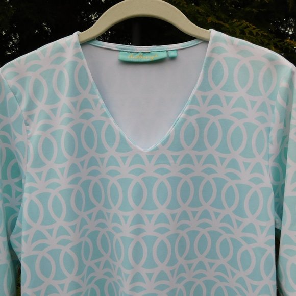 Anthony's Pretty Aqua and White V-Neck Blouse - Picture 3 of 3